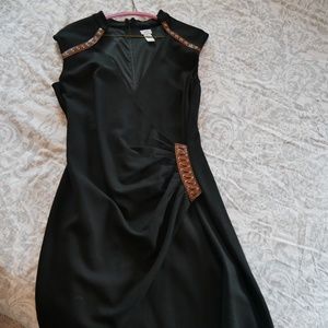 Black faux-wrap dress with faux-leather detail